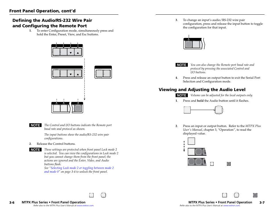 Viewing and adjusting the audio level, Viewing and, Adjusting the audio level | Front panel operation, cont’d | Extron Electronics MTPX Plus Series Setup Guide User Manual | Page 14 / 30