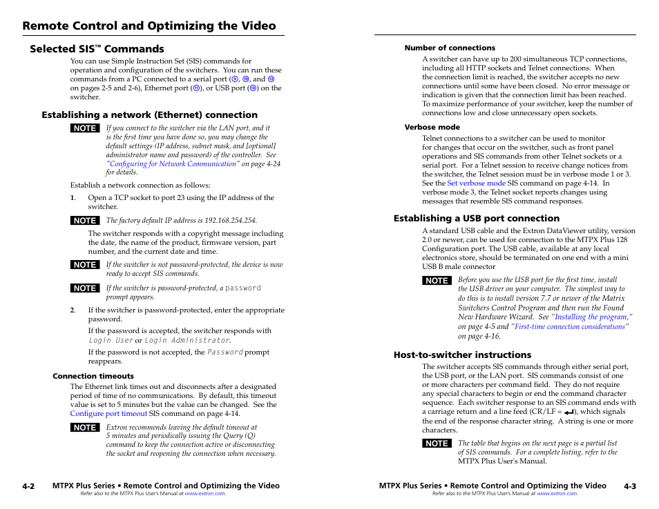 Selected sis™ commands, Establishing a network (ethernet) connection, Connection timeouts | Number of connections, Verbose mode, Establishing a usb port connection, Host-to-switcher instructions, Selected sis, Commands, Establishing a network (ethernet) connection -2 | Extron Electronics MTPX Plus Series Setup Guide User Manual | Page 16 / 30