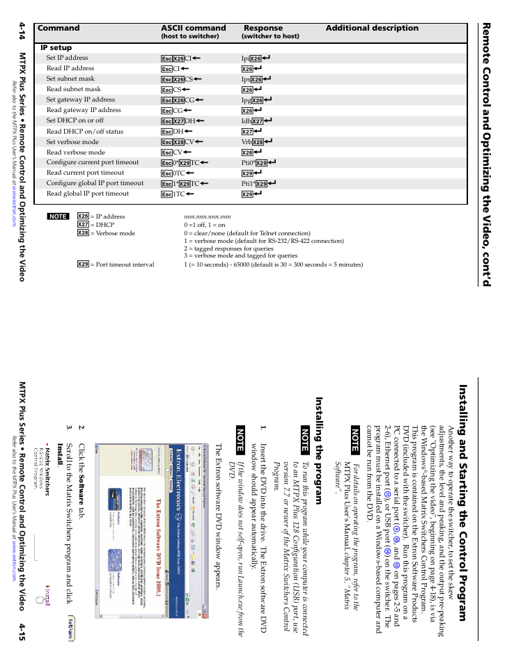 Installing and starting the control program, Installing the program, Installing and starting the control program | Installing the program -15, Installing and starting the contr ol pr ogram, Remote contr ol and optimizing the v ideo, cont’d | Extron Electronics MTPX Plus Series Setup Guide User Manual | Page 22 / 30