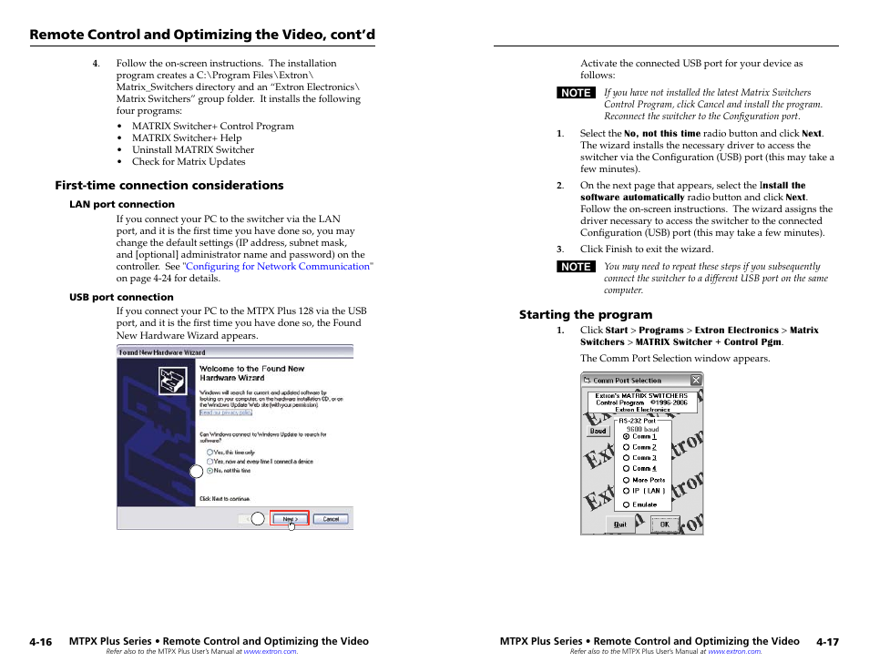 First-time connection considerations, Lan port connection, Usb port connection | Starting the program, First-time connection considerations -16, Lan port connection -16 usb port connection -16, Starting the program -17, Remote control and optimizing the video, cont’d | Extron Electronics MTPX Plus Series Setup Guide User Manual | Page 24 / 30
