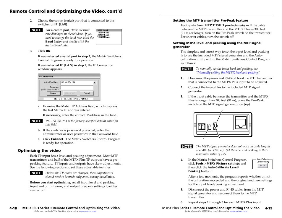 Optimizing the video, Setting the mtp transmitter pre-peak feature, Optimizing the video -18 | Remote control and optimizing the video, cont’d | Extron Electronics MTPX Plus Series Setup Guide User Manual | Page 25 / 30