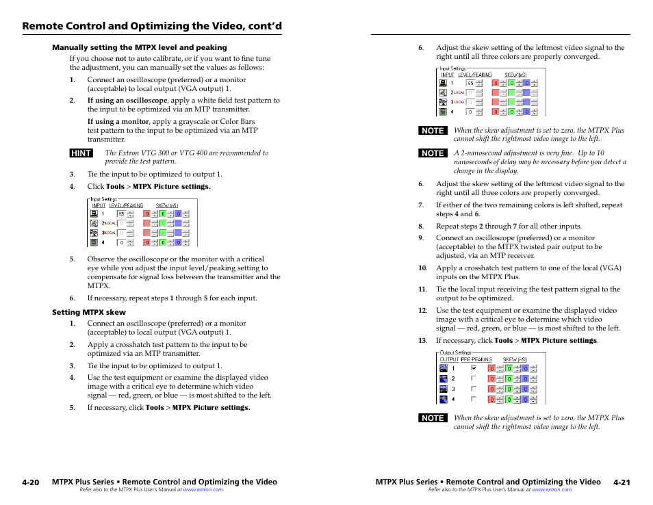 Manually setting the mtpx level and peaking, Setting mtpx skew, Remote control and optimizing the video, cont’d | Extron Electronics MTPX Plus Series Setup Guide User Manual | Page 26 / 30