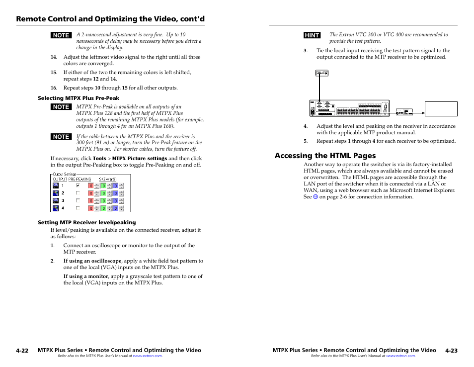 Selecting mtpx plus pre-peak, Setting mtp receiver level/peaking | Extron Electronics MTPX Plus Series Setup Guide User Manual | Page 27 / 30