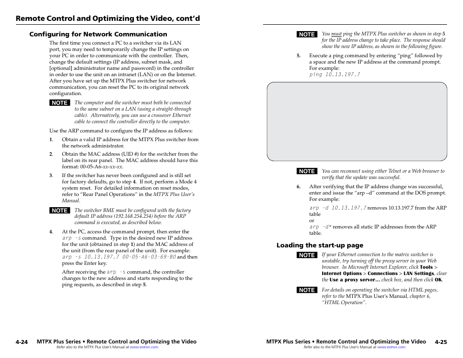Configuring for network communication, Remote control and optimizing the video, cont’d | Extron Electronics MTPX Plus Series Setup Guide User Manual | Page 28 / 30