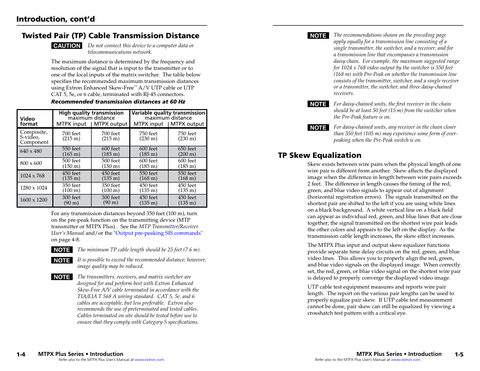 Twisted pair (tp) cable transmission distance, Tp skew equalization, Twisted pair (tp) cable transmission distance | Tp skew equalization, Introduction, cont’d | Extron Electronics MTPX Plus Series Setup Guide User Manual | Page 7 / 30