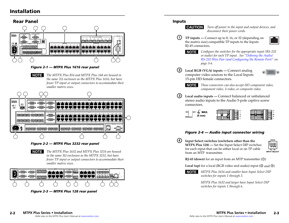 Rear panel, Inputs, Inputs -3 | Installation, Listed 1t23 i.t.e, Figure 2-4 — audio input connector wiring, Mtpx plus series • installation, Local rgb (vga) inputs, Local audio inputs, Input select switches (switchers other than the | Extron Electronics MTPX Plus Series Setup Guide User Manual | Page 9 / 30