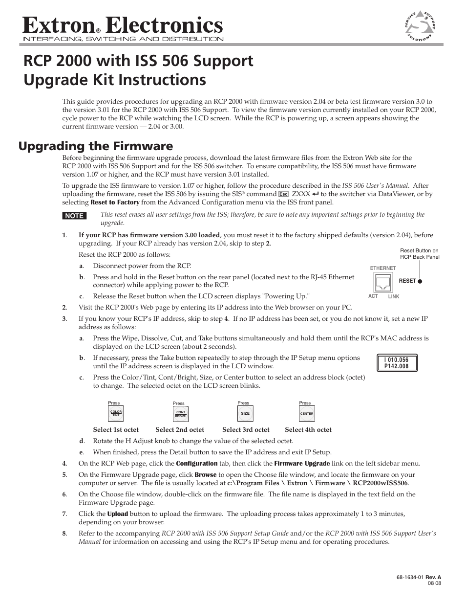Extron Electronics RCP 2000 with ISS 506 Support Upgrade Kit User Manual | 2 pages
