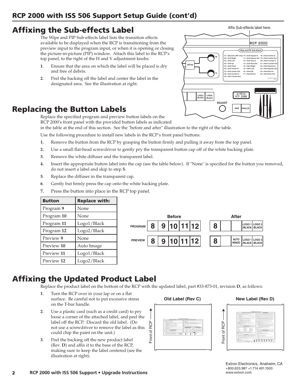 Affixing the sub-effects label, Replacing the button labels, Affixing the updated product label | Extron Electronics RCP 2000 with ISS 506 Support Upgrade Kit User Manual | Page 2 / 2