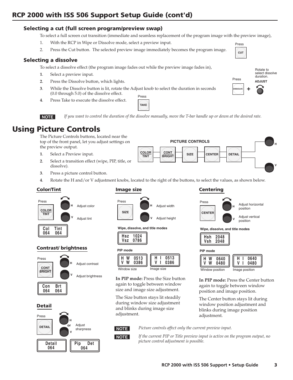 Selecting a cut (full screen program/preview swap), Selecting a dissolve, Using picture controls | Color/tint, Image size, Centering, Contrast/ brightness, Detail | Extron Electronics RCP 2000 with ISS 506 Support Setup Guide User Manual | Page 3 / 4