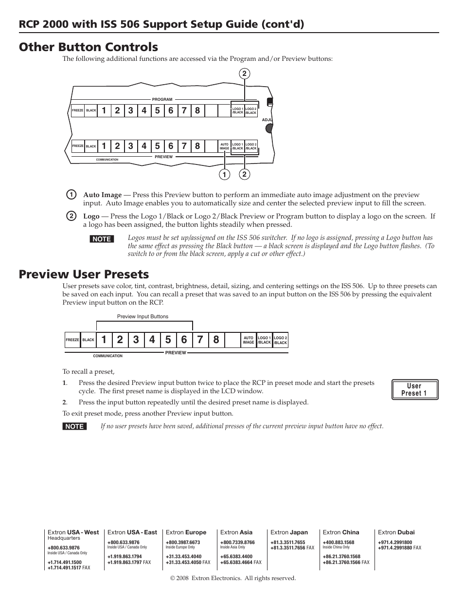 Other button controls, Preview user presets | Extron Electronics RCP 2000 with ISS 506 Support Setup Guide User Manual | Page 4 / 4