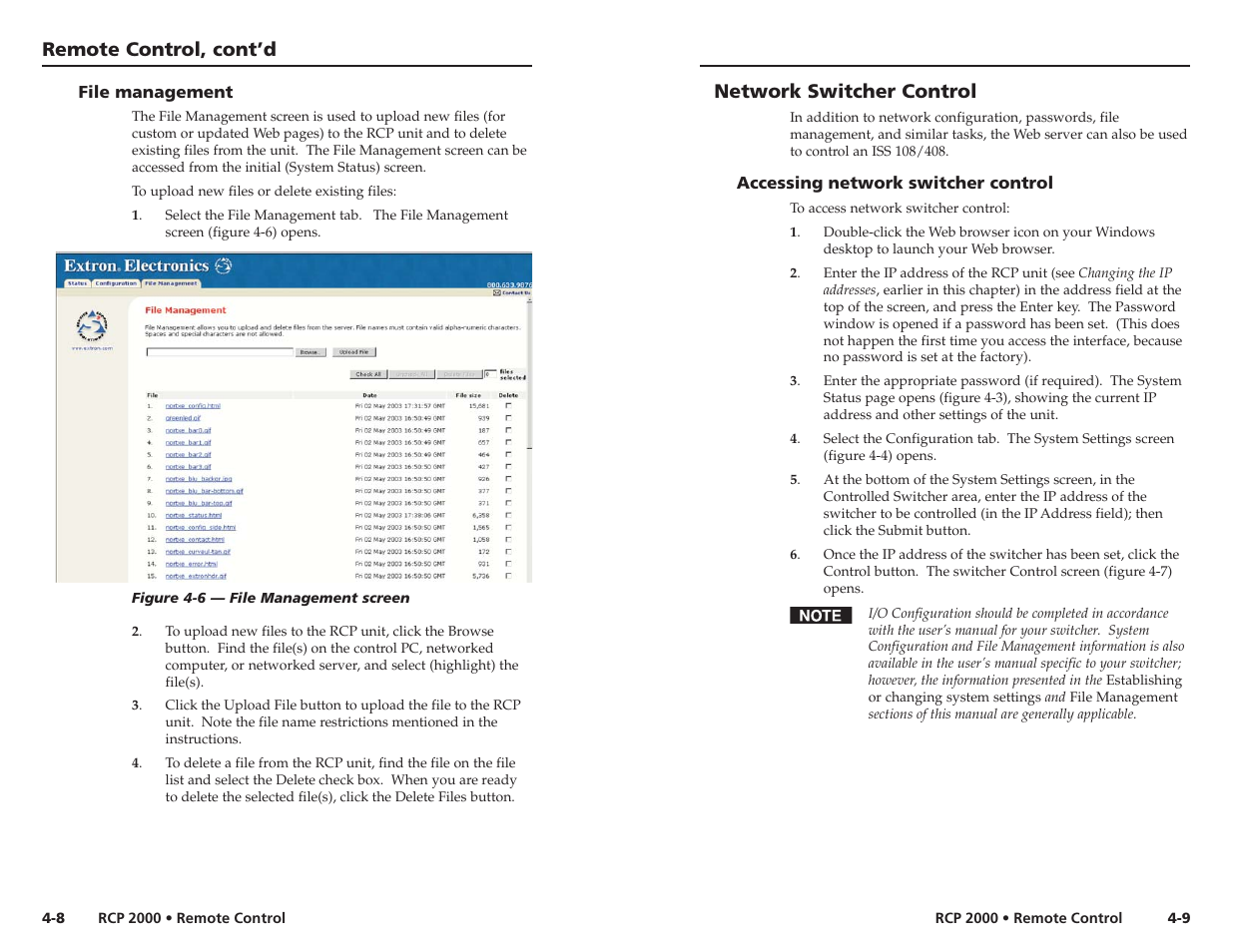Remote control, cont’d, Network switcher control | Extron Electronics RCP 2000 User Manual | Page 19 / 23