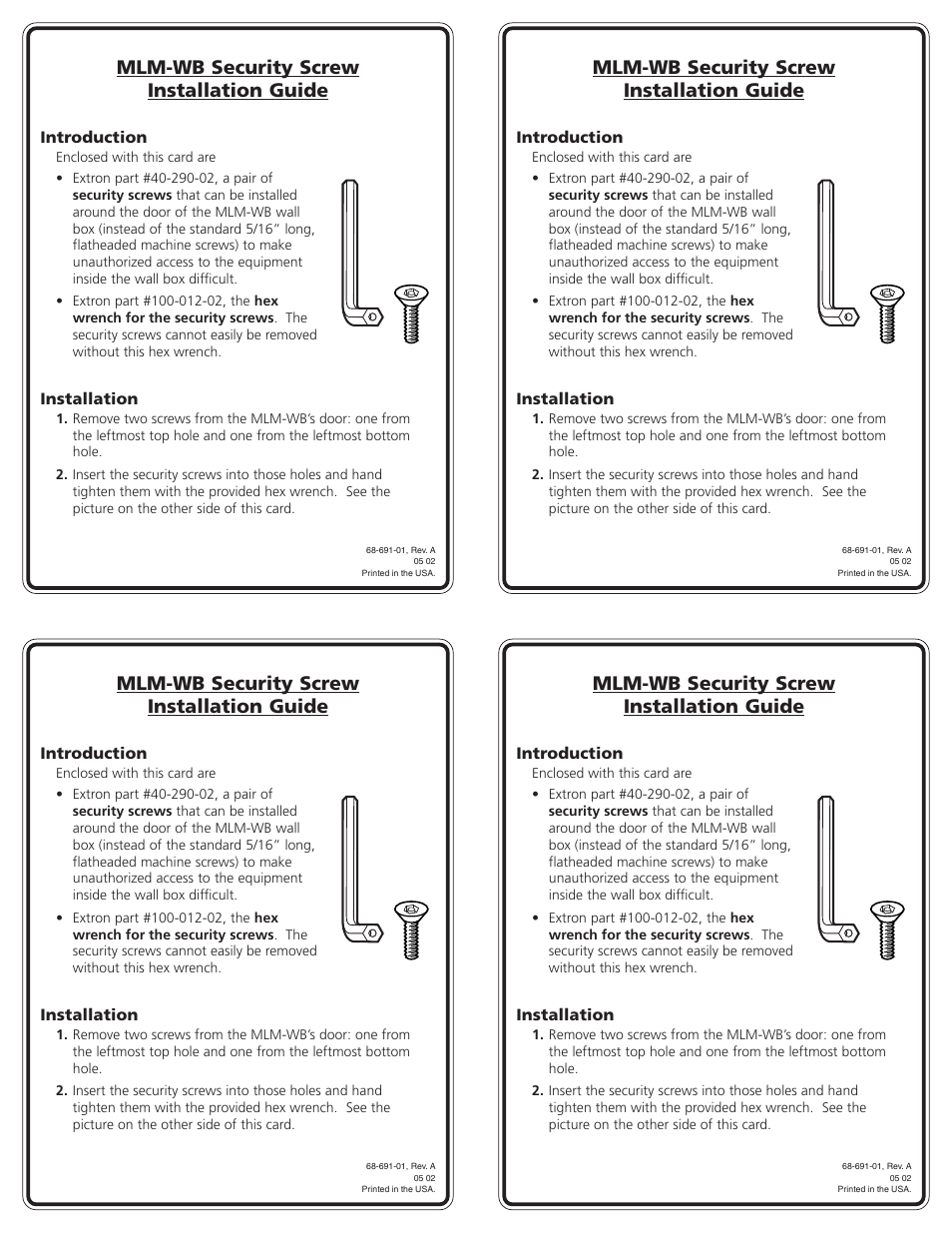 Extron Electronics MLM-WB Security Screw User Manual | 2 pages