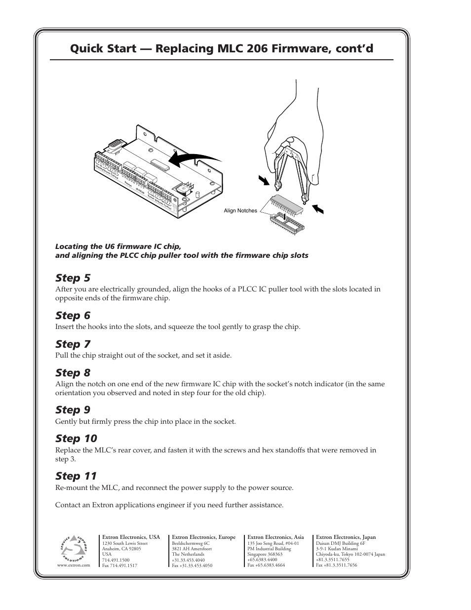 Quick start — replacing mlc 206 firmware, cont’d, Step 5, Step 6 | Step 7, Step 8, Step 9, Step 10, Step 11, Extron electronics, usa, Extron electronics, europe | Extron Electronics MLC 206 Replacing Quick Start User Manual | Page 2 / 2