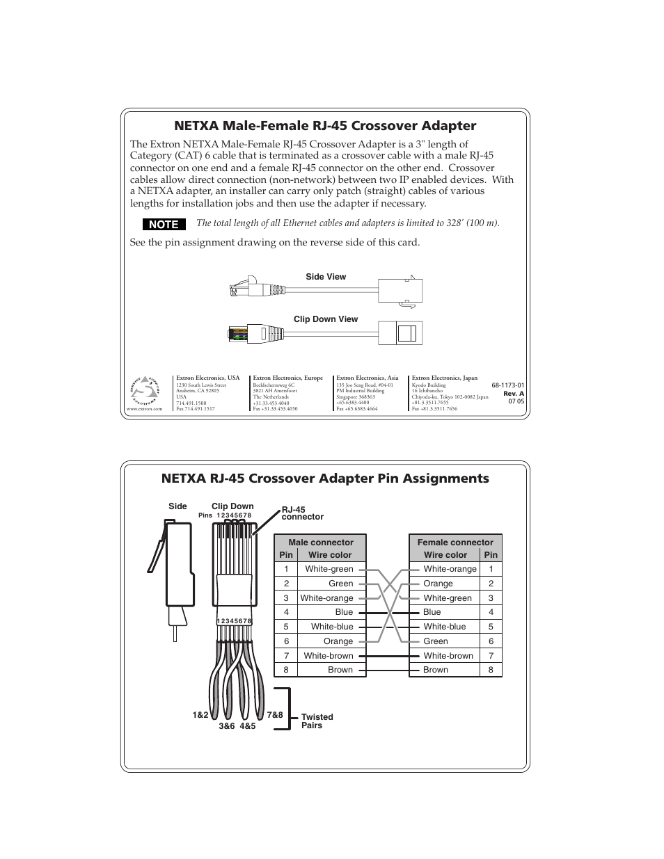 Extron Electronics NETXA Male-Female RJ-45 Crossover Adapter User Manual | 1 page