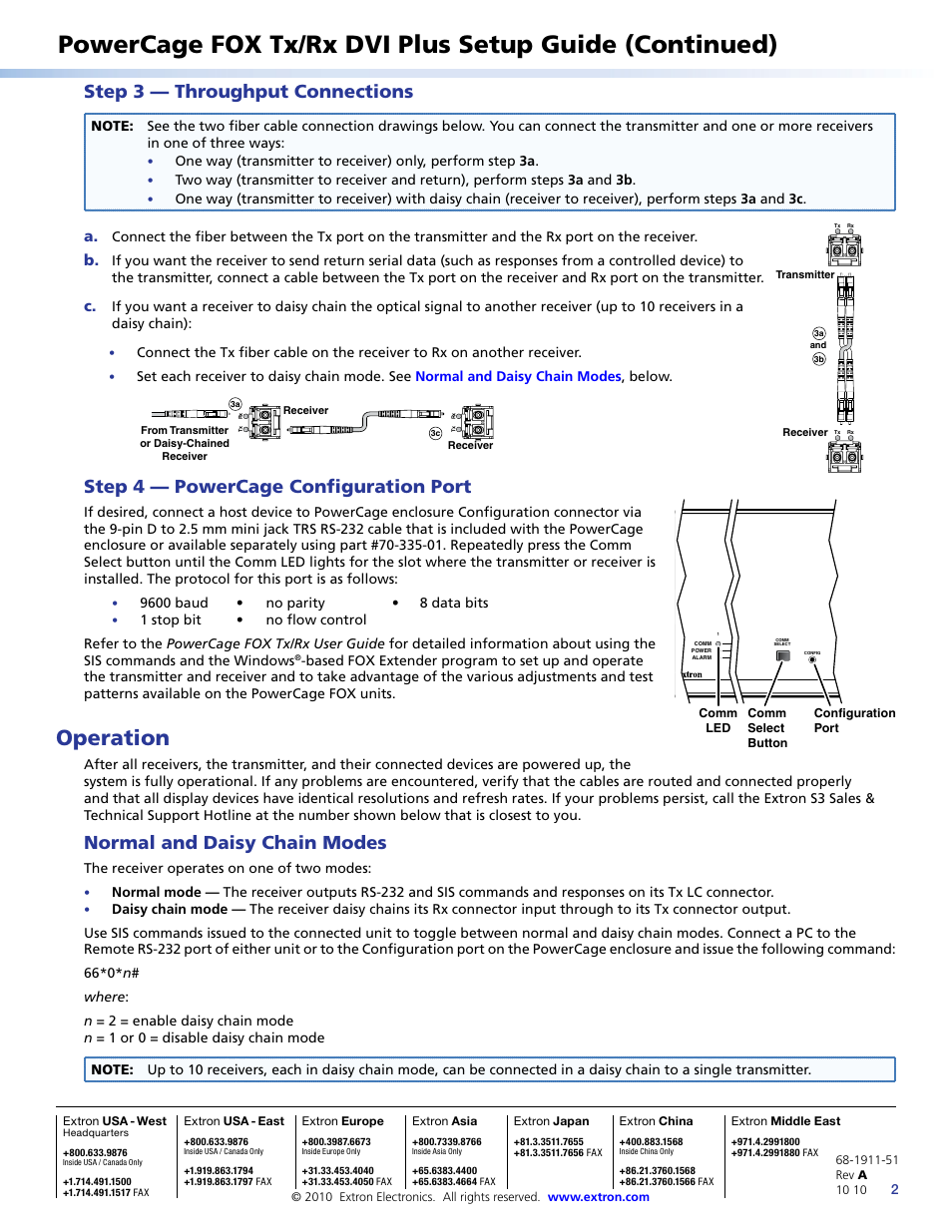 Operation, Step 3 — throughput connections, Step 4 — powercage configuration port | Normal and daisy chain modes | Extron Electronics PowerCage FOX	Tx_Rx DVI Plus Setup Guide User Manual | Page 2 / 2