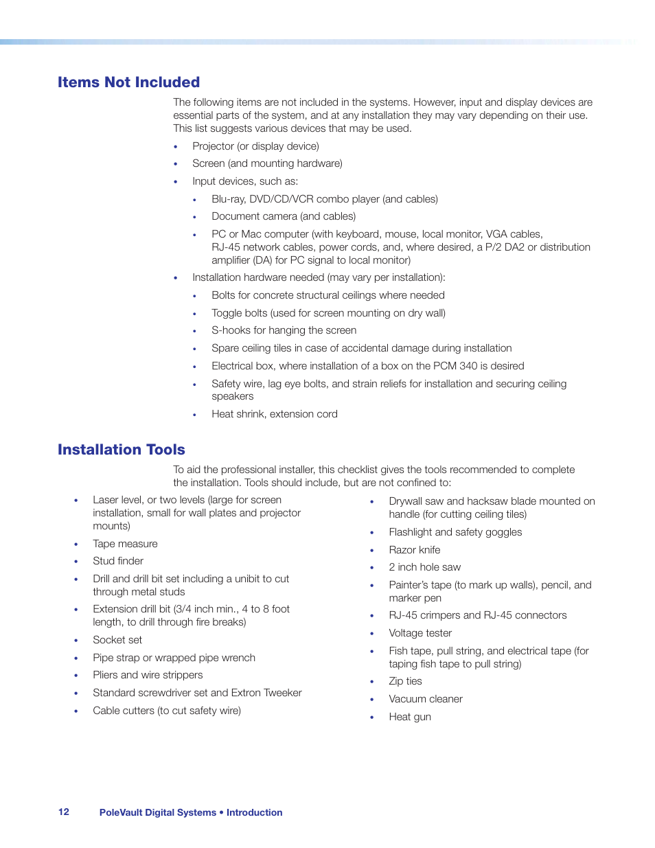 Items not included, Installation tools, Items not included installation tools | Extron Electronics PoleVault Digital Switcher Systems PVS 405D User Manual | Page 18 / 84