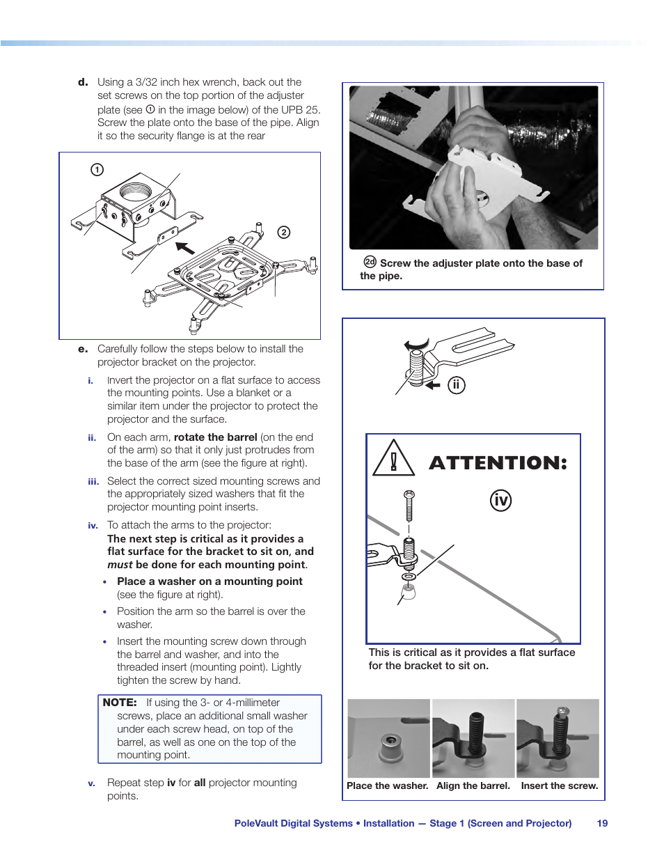 Attention, Place washer on mounting point | Extron Electronics PoleVault Digital Switcher Systems PVS 405D User Manual | Page 25 / 84