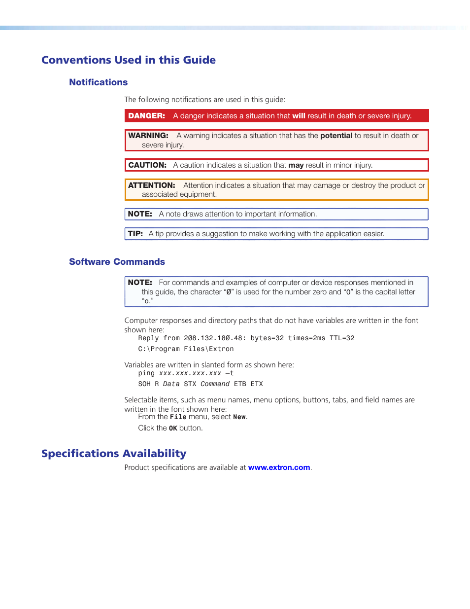Conventions used in this guide, Notifications, Software commands | Specifications availability | Extron Electronics PoleVault Digital Switcher Systems PVS 405D User Manual | Page 4 / 84