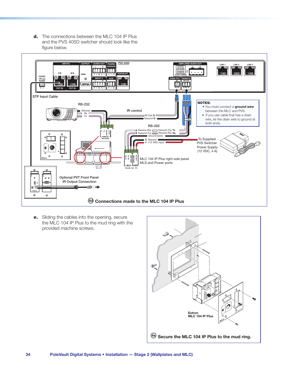 Conf ig, Secure the mlc 104 ip plus to the mud ring, Connections made to the mlc 104 ip plus | Projector, Ir control, Stp input cable, Extron mlc 104 ip plus | Extron Electronics PoleVault Digital Switcher Systems PVS 405D User Manual | Page 40 / 84