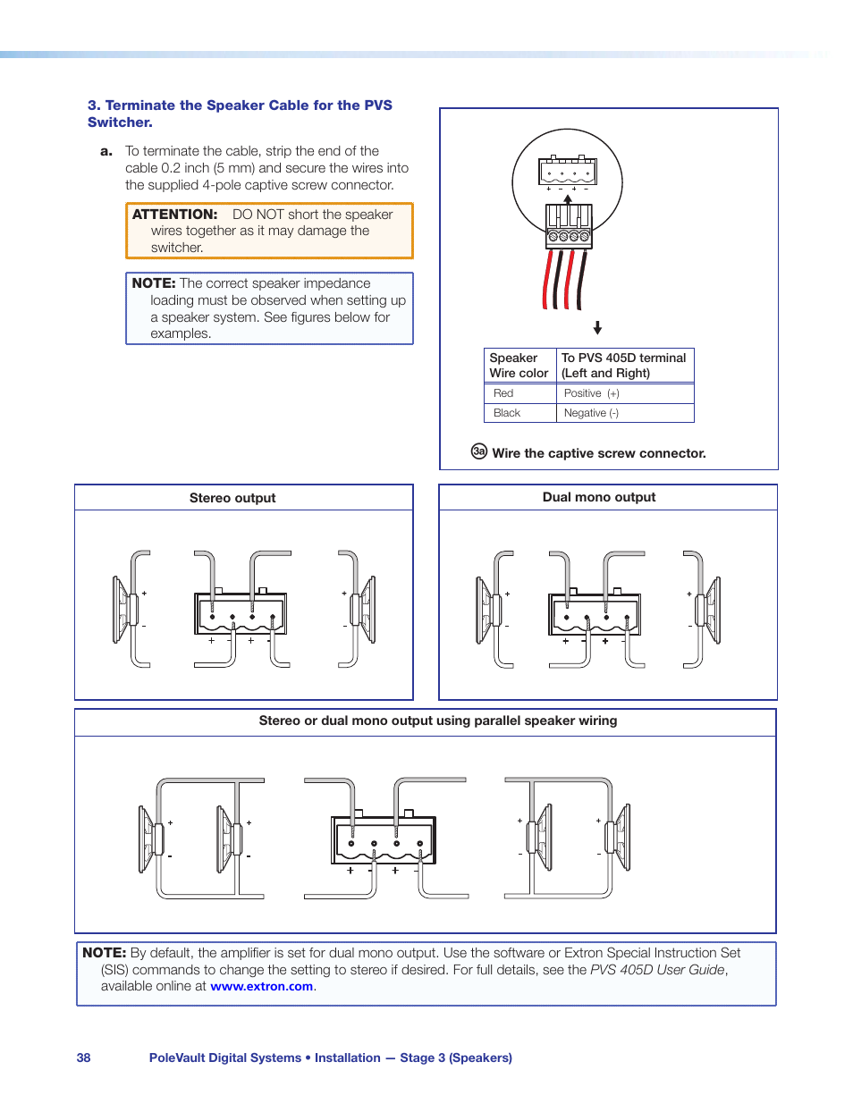 Terminate the speaker cable for the pvs switcher, Terminate the speaker cable for the, Pvs switcher | Extron Electronics PoleVault Digital Switcher Systems PVS 405D User Manual | Page 44 / 84