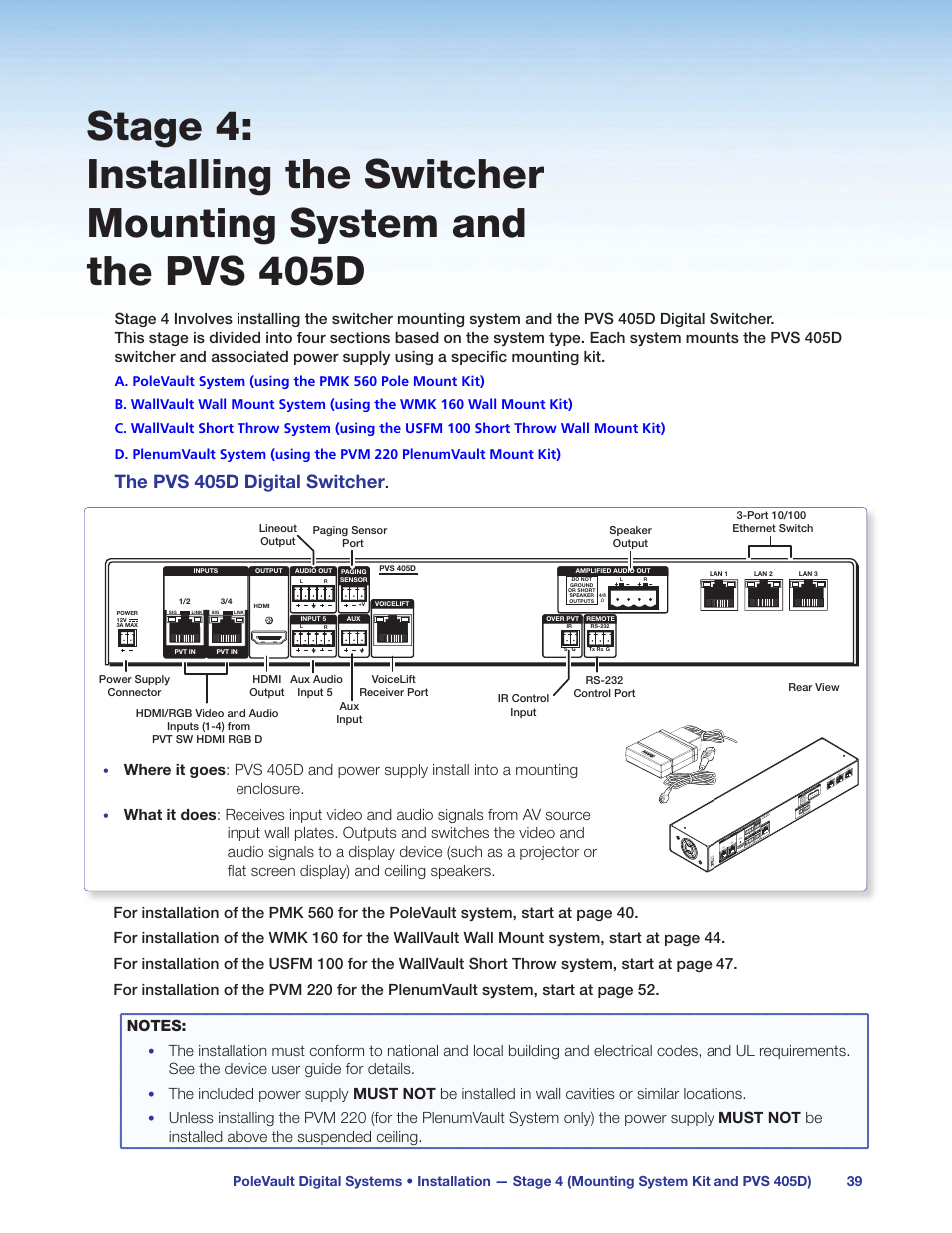 Stage 4, The pvs 405d digital switcher | Extron Electronics PoleVault Digital Switcher Systems PVS 405D User Manual | Page 45 / 84