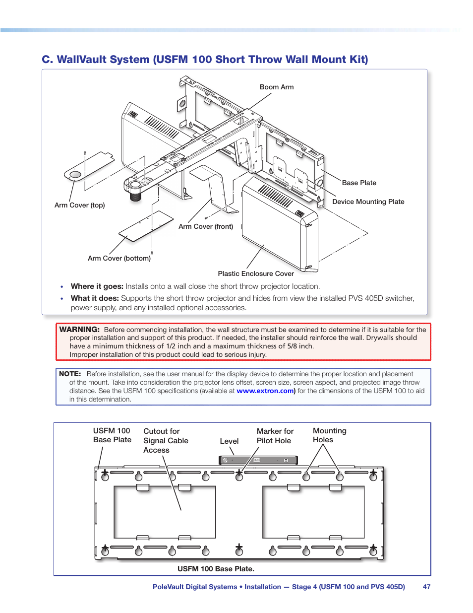 C. wallvault system, Usfm 100 short throw wall mount kit), C. wallvault short throw system | Extron Electronics PoleVault Digital Switcher Systems PVS 405D User Manual | Page 53 / 84