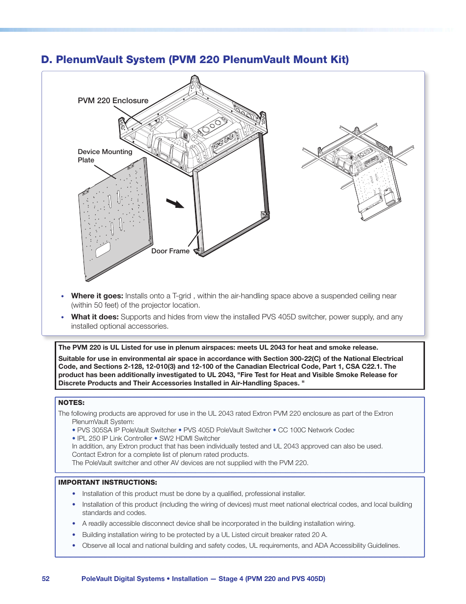 D. plenumvault system, Pvm 220 plenumvault mount kit) | Extron Electronics PoleVault Digital Switcher Systems PVS 405D User Manual | Page 58 / 84