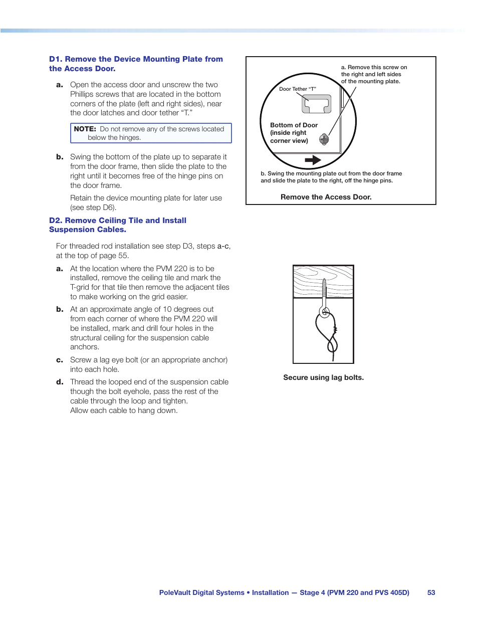 D1. remove the device mounting plate, From the access door, D2. remove ceiling tile and install | Suspension cables | Extron Electronics PoleVault Digital Switcher Systems PVS 405D User Manual | Page 59 / 84