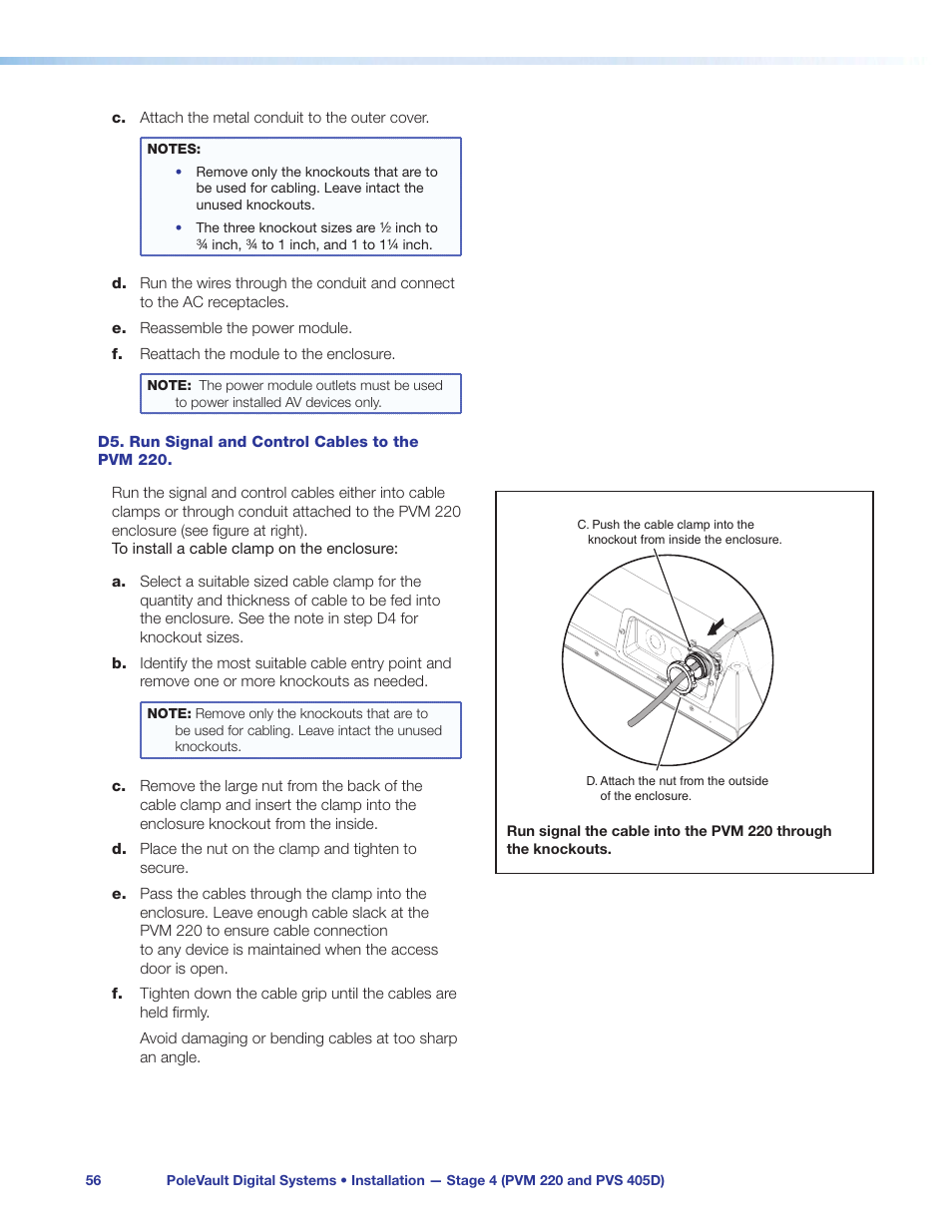 D5. run signal and control cables to the pvm 220, D5. run signal and control cables to the, Pvm 220 | Extron Electronics PoleVault Digital Switcher Systems PVS 405D User Manual | Page 62 / 84