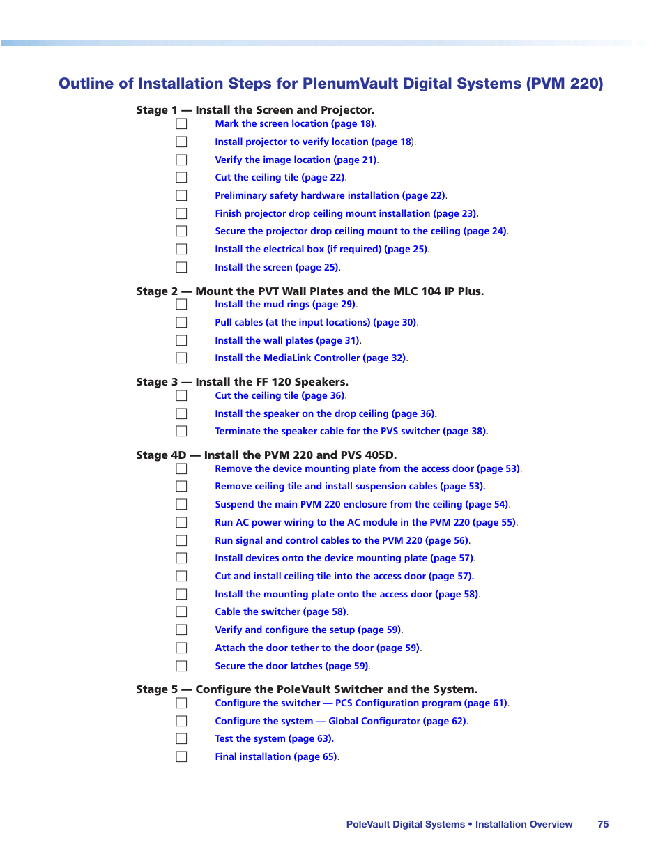 Outline of installation steps for, Plenumvault digital systems (pvm 220) | Extron Electronics PoleVault Digital Switcher Systems PVS 405D User Manual | Page 81 / 84