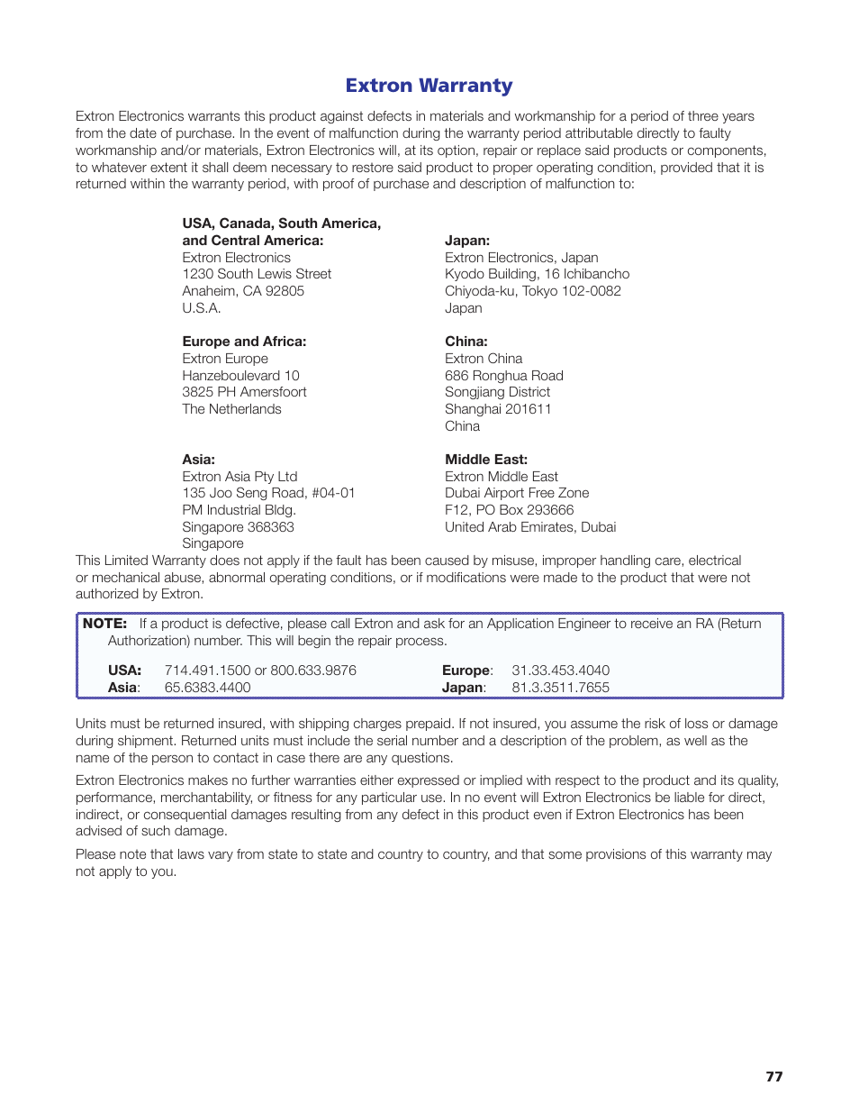 Extron warranty | Extron Electronics PoleVault Digital Switcher Systems PVS 405D User Manual | Page 83 / 84