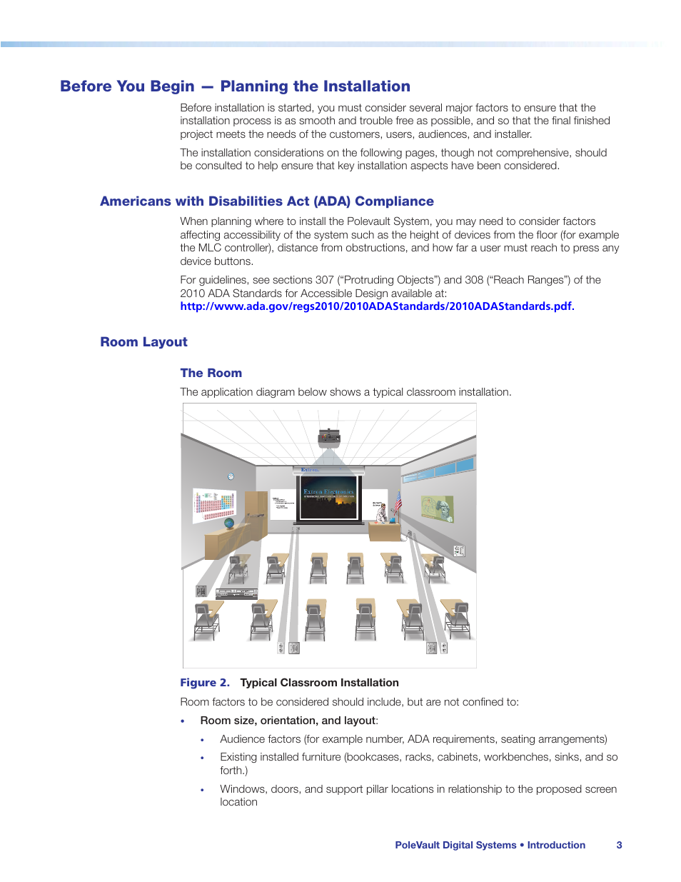 Before you begin — planning the installation, Americans with disabilities act (ada) compliance, Room layout | Americans with disabilities act (ada), Compliance | Extron Electronics PoleVault Digital Switcher Systems PVS 405D User Manual | Page 9 / 84