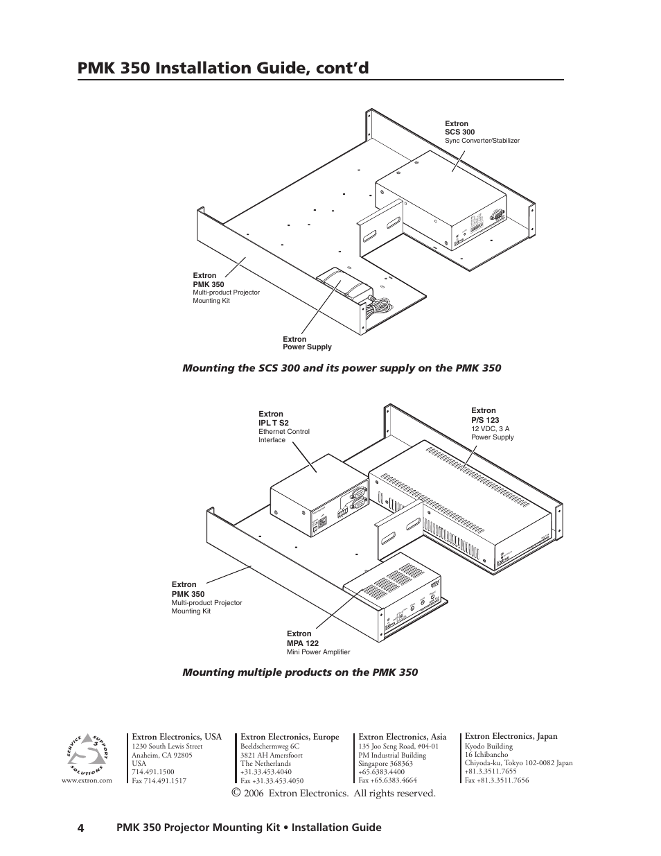 Preliminar y, Pmk 350 installation guide, cont’d, Sy nc co nv er te r/s ta bil ize r w ith ad sp | Com1 tx rx tx rx com2, Mounting multiple products on the pmk 350, 2006 extron electronics. all rights reserved, Extron electronics, usa, Extron electronics, europe, Extron electronics, asia, Extron electronics, japan | Extron Electronics PMK 350 User Manual | Page 4 / 4