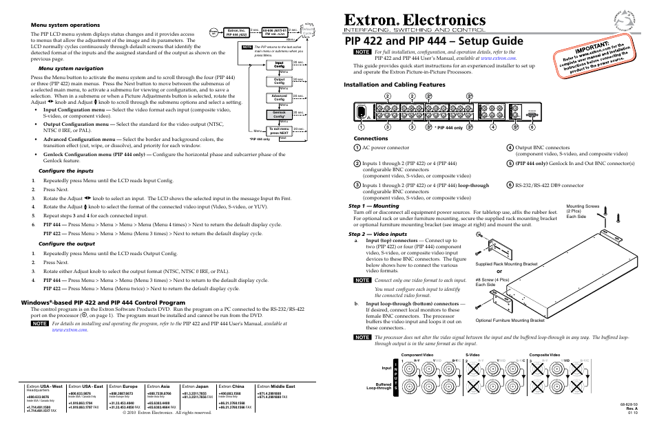 Extron Electronics PIP 444 Setup Guide User Manual | 2 pages