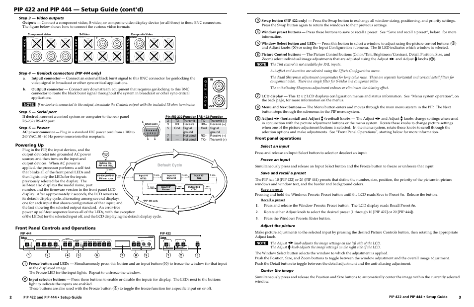 Powering up, Front panel controls and operations | Extron Electronics PIP 444 Setup Guide User Manual | Page 2 / 2