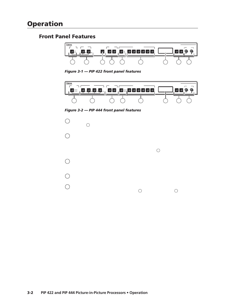 Front panel features, Operation, Operation, cont’d | And adjust knobs | Extron Electronics PIP 444 User Guide User Manual | Page 20 / 62