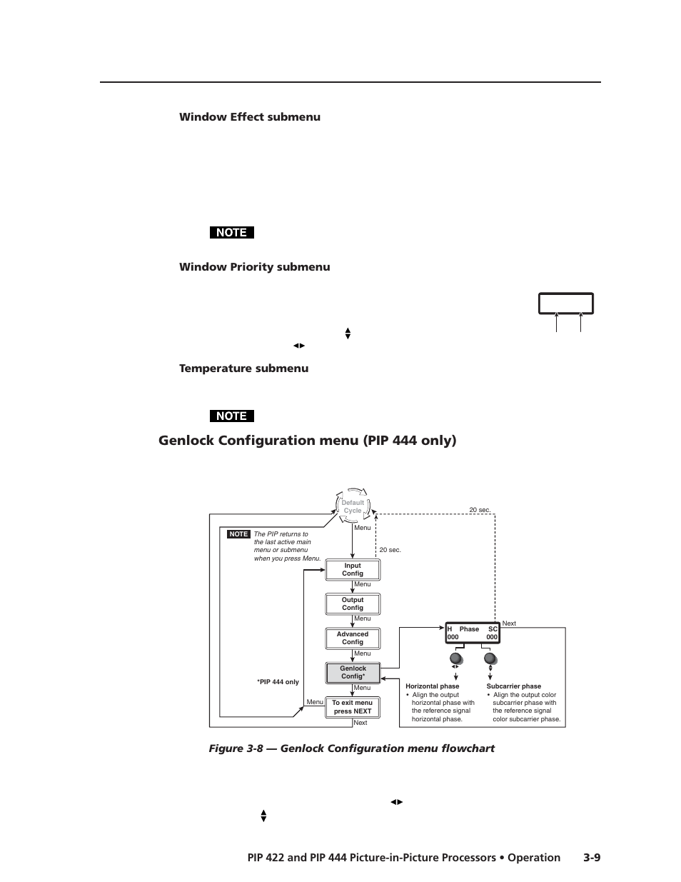 Window effect submenu, Window priority submenu, Temperature submenu | Genlock configuration menu (pip 444 only) | Extron Electronics PIP 444 User Guide User Manual | Page 27 / 62