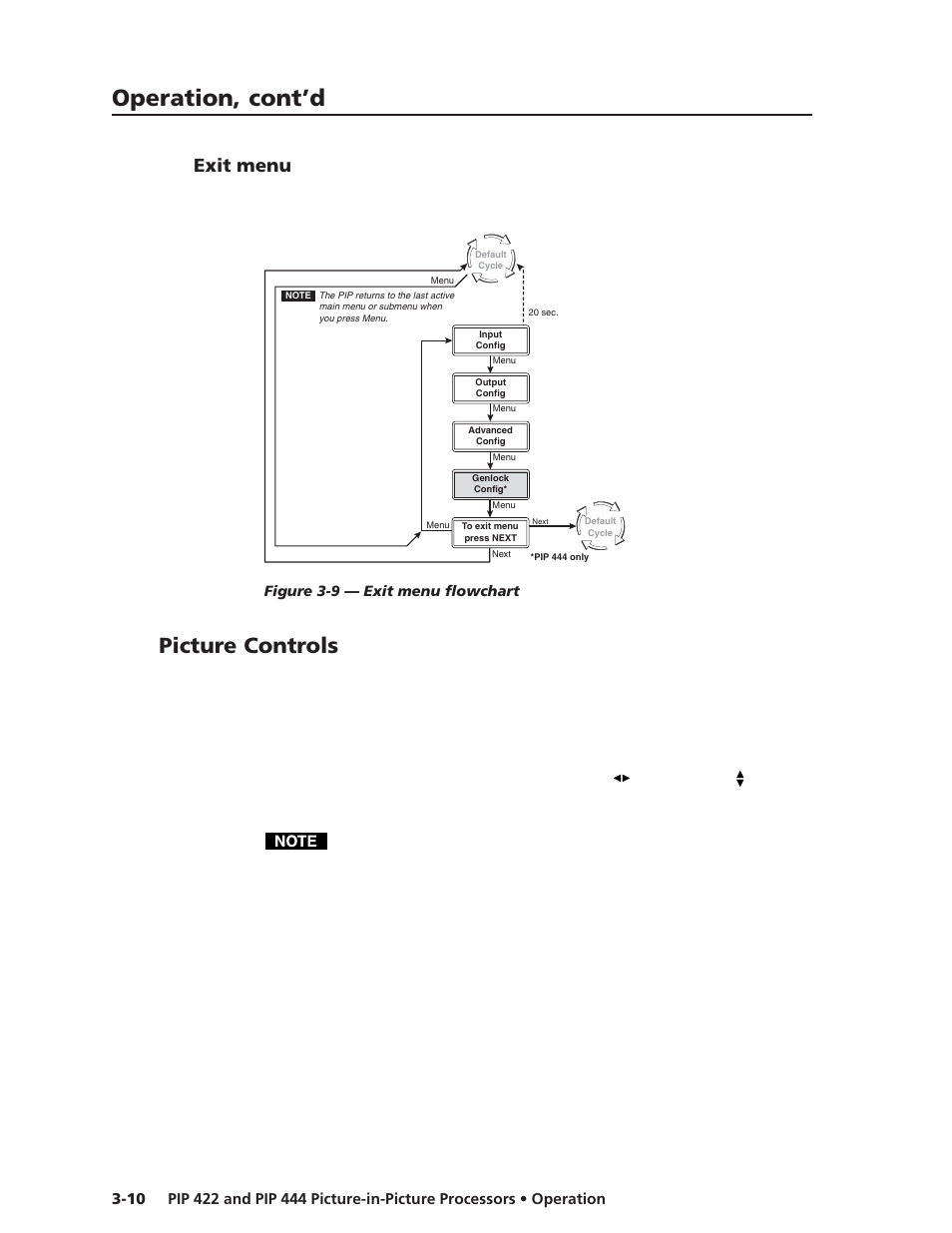 Exit menu, Picture controls, Operation, cont’d | Extron Electronics PIP 444 User Guide User Manual | Page 28 / 62