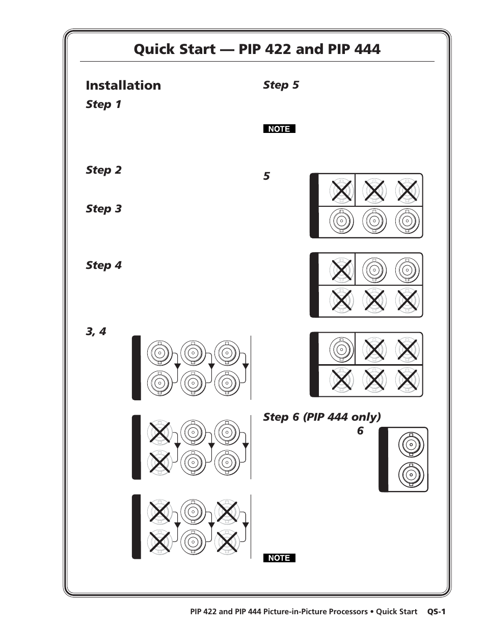 Quick start, Installation, Step 1 | Step 2, Step 3, Step 4, 3, 4 step 5, Step 6 (pip 444 only) | Extron Electronics PIP 444 User Guide User Manual | Page 3 / 62