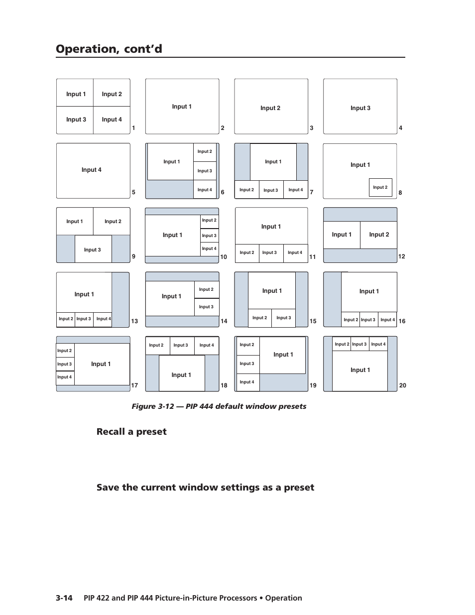 Recall a preset, Save the current window settings as a preset, Operation, cont’d | Extron Electronics PIP 444 User Guide User Manual | Page 32 / 62