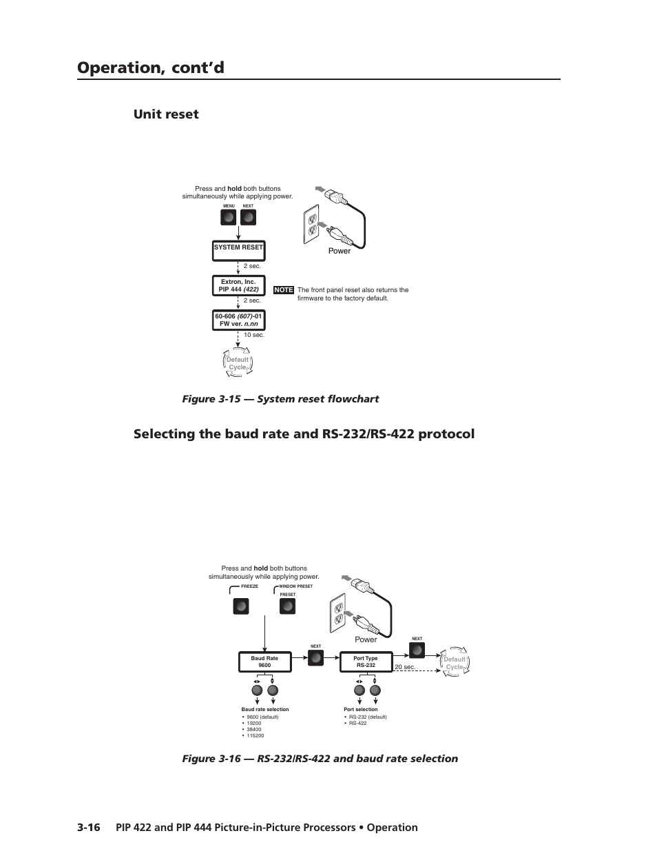 Unit reset, Selecting the baud rate and rs-232/rs-422 protocol, Operation, cont’d | Figure 3-15 — system reset flowchart | Extron Electronics PIP 444 User Guide User Manual | Page 34 / 62