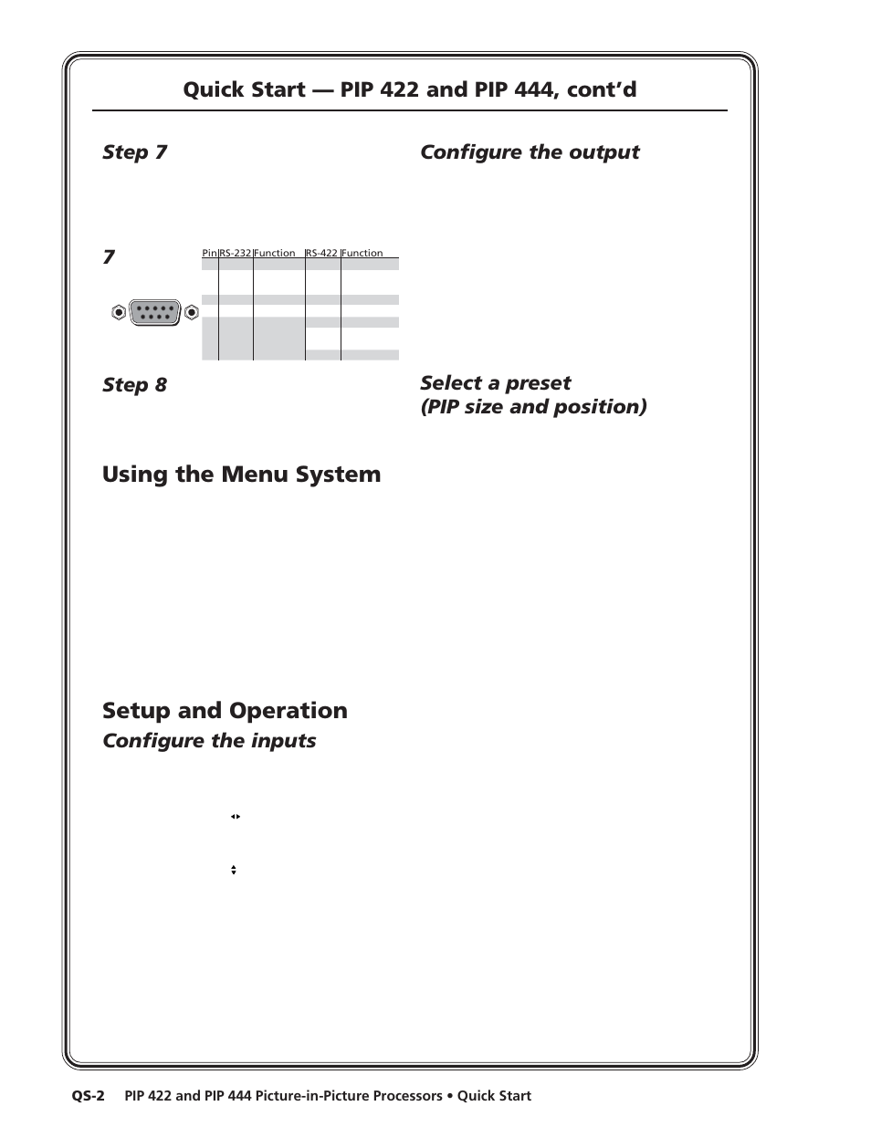 Using the menu system, Setup and operation, Step 7 | Step 8, Configure the inputs, Configure the output, Select a preset (pip size and position) | Extron Electronics PIP 444 User Guide User Manual | Page 4 / 62