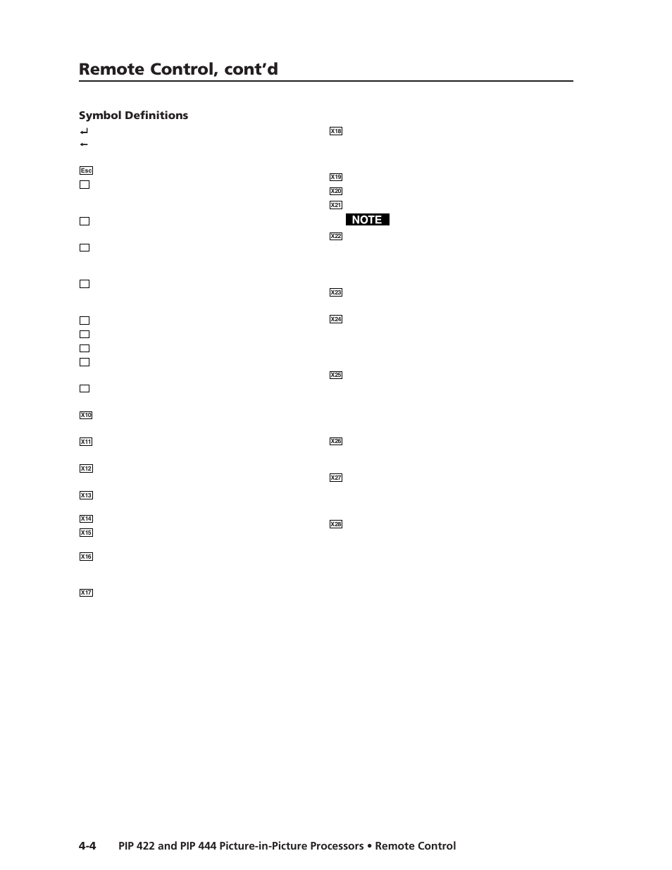 Symbol definitions, Remote control, cont’d | Extron Electronics PIP 444 User Guide User Manual | Page 40 / 62