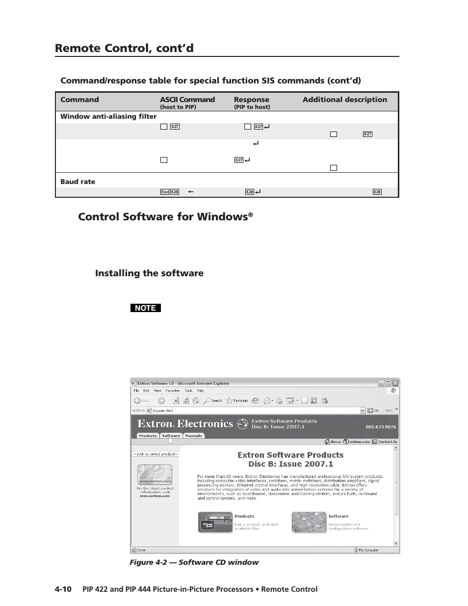 Control software for windows, Installing the software, Remote control, cont’d | Extron Electronics PIP 444 User Guide User Manual | Page 46 / 62