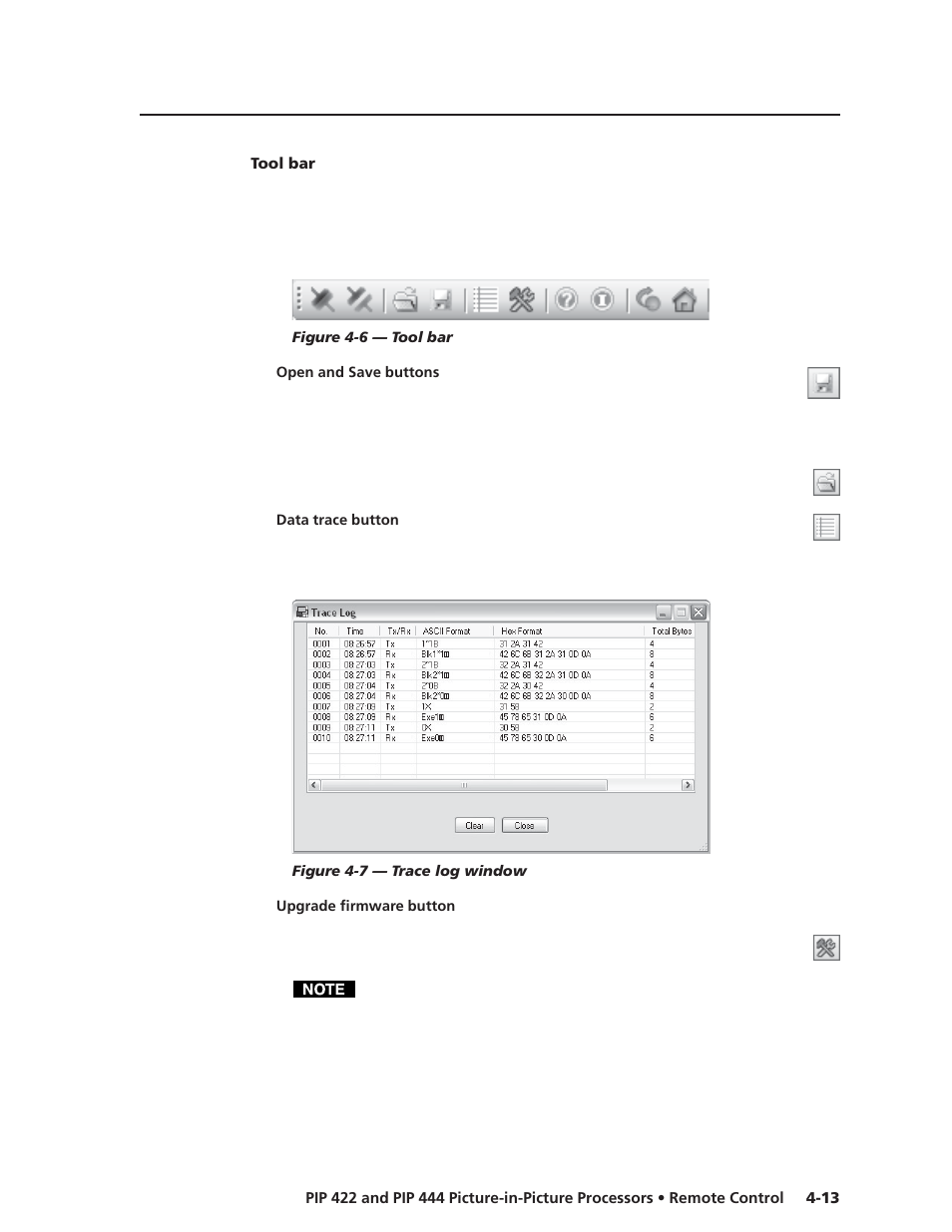 Tool bar, Open and save buttons, Data trace button | Upgrade firmware button | Extron Electronics PIP 444 User Guide User Manual | Page 49 / 62
