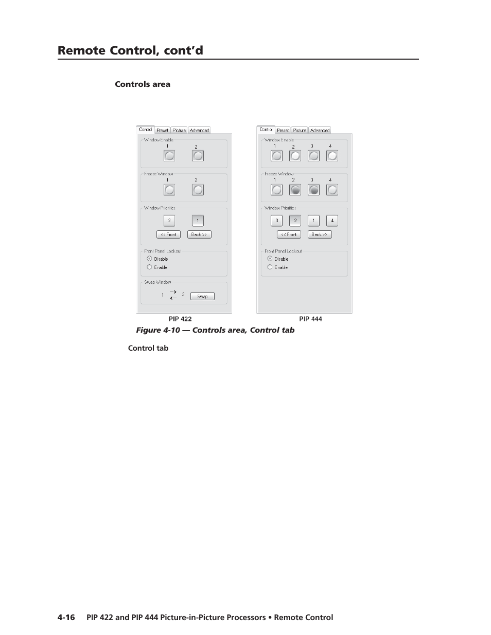 Controls area, Control tab, Remote control, cont’d | Extron Electronics PIP 444 User Guide User Manual | Page 52 / 62