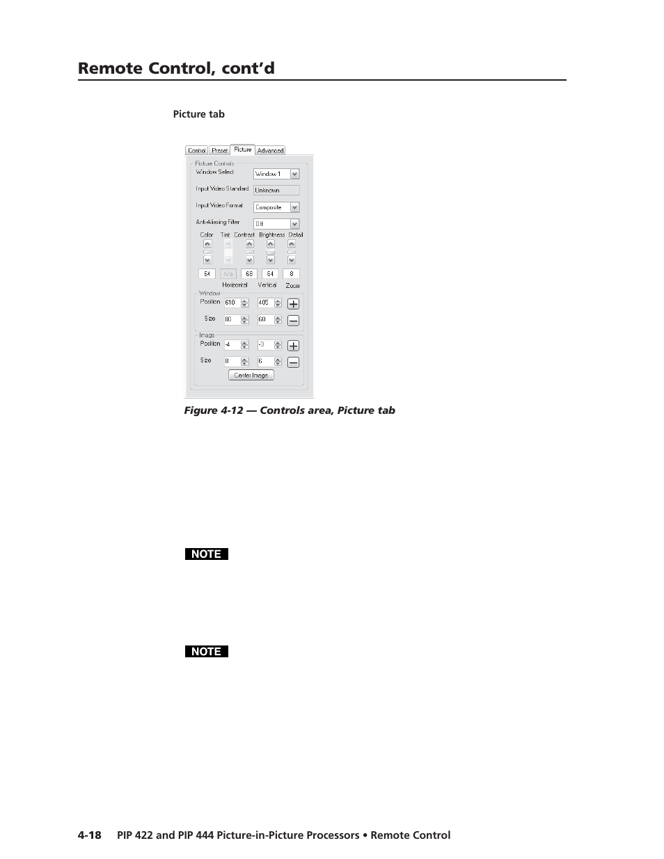 Picture tab, Remote control, cont’d | Extron Electronics PIP 444 User Guide User Manual | Page 54 / 62