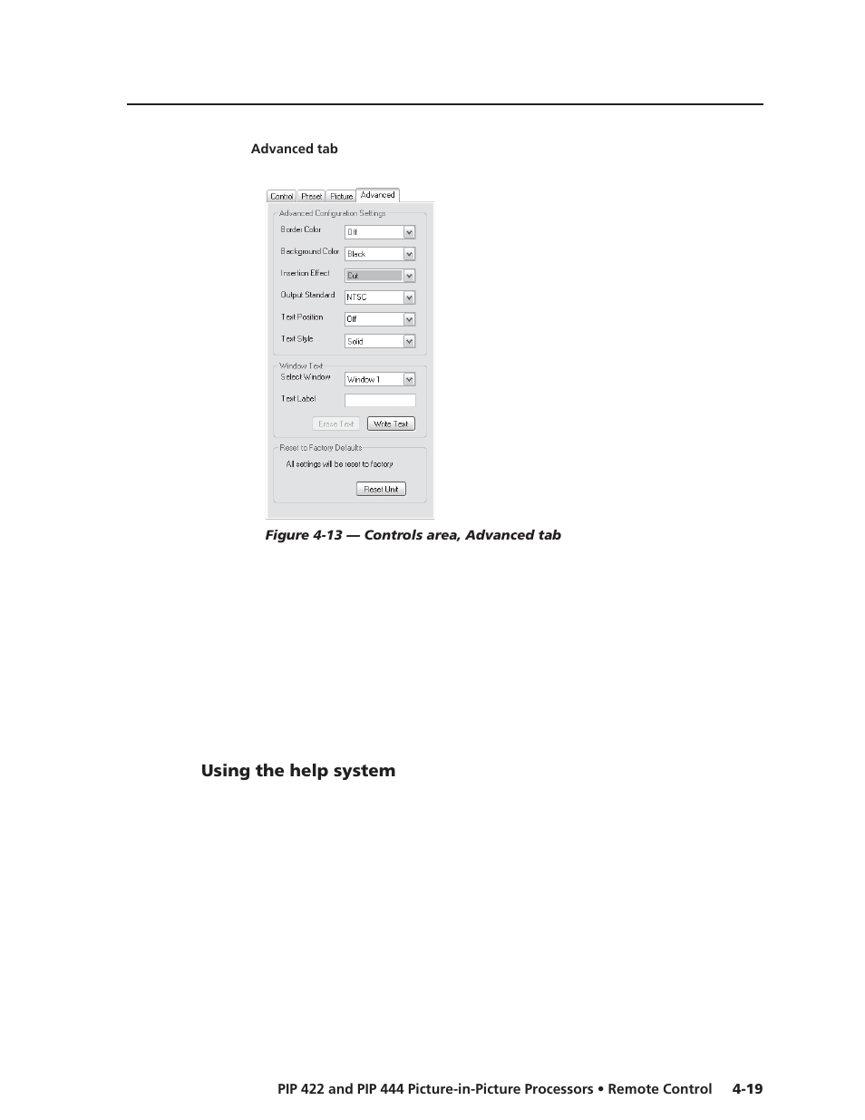 Advanced tab, Using the help system | Extron Electronics PIP 444 User Guide User Manual | Page 55 / 62
