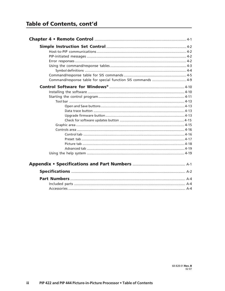 Table of contents, cont’d | Extron Electronics PIP 444 User Guide User Manual | Page 6 / 62