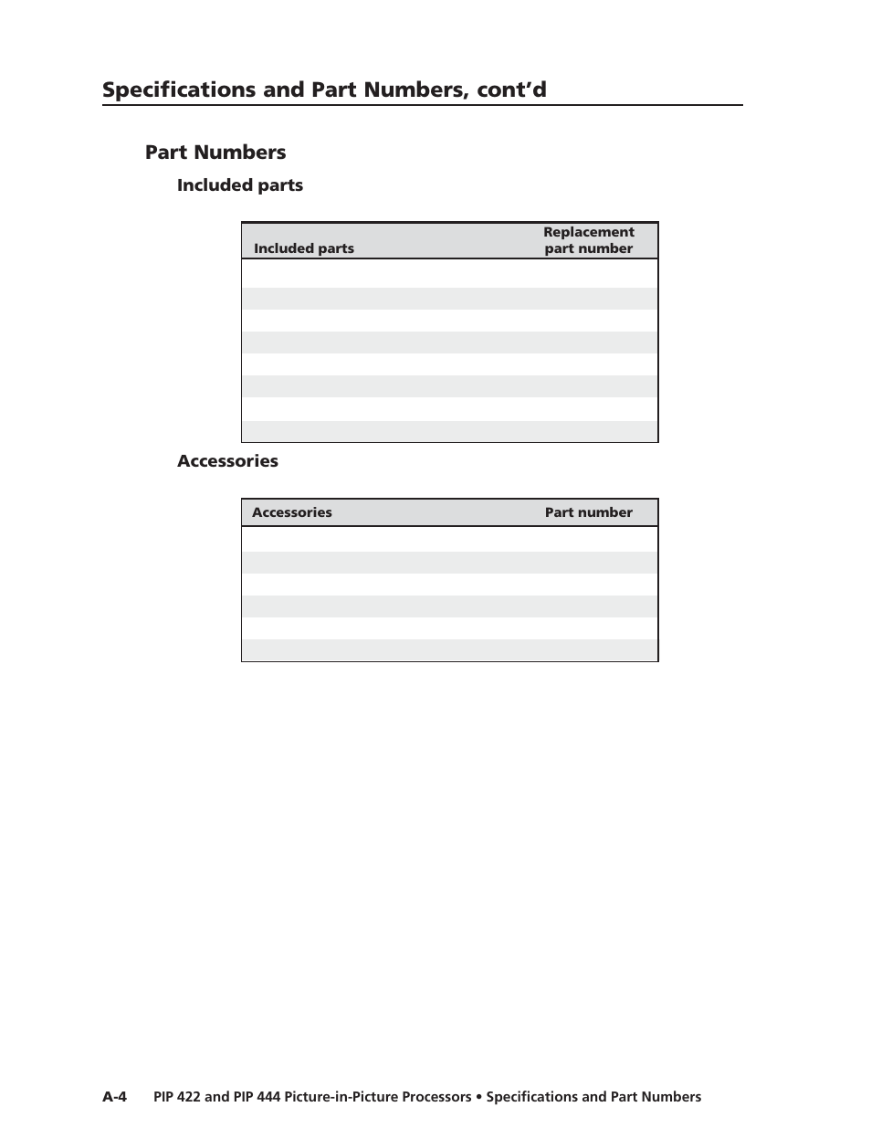 Part numbers, Included parts, Accessories | Specifications and part numbers, cont’d | Extron Electronics PIP 444 User Guide User Manual | Page 60 / 62
